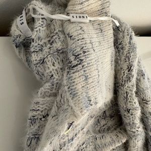 Comfy Blue White sweater cardigan style with shirt tail trim